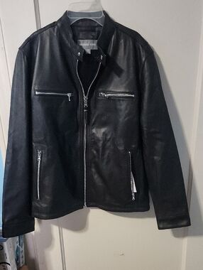Michael Kors Men’s Black Leather Zip-Up Bomber Jacket